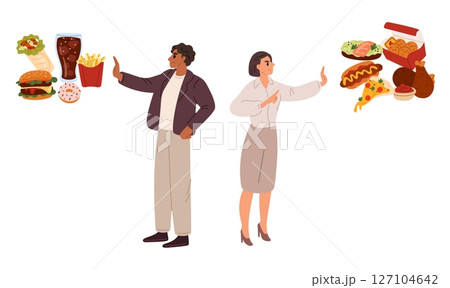 Slim man and woman say no fatty, junk food. Couple show rejection gesture to fastfood. People choose healthy nutrition. Banned burger and pizza. Meal choice. Snacks avoid. Vector concept 127104642