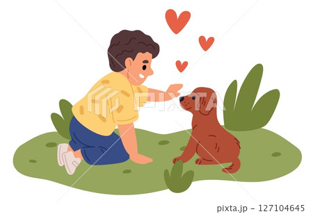 Smiling boy playing in nature with favorite puppy. Happy kid caring dog. Little pet owner. Friendship with domestic animal. Doggy adoption. Child and playful canine mammal. Vector concept 127104645