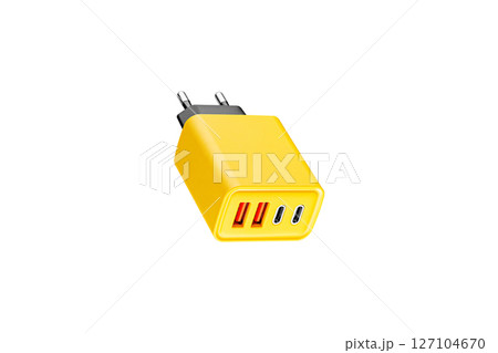 adapter for charger with USB and Type C connector, yellow, on isolated or white background adapter for charger with USB and Type C connector, yellow, on isolated or white background 127104670