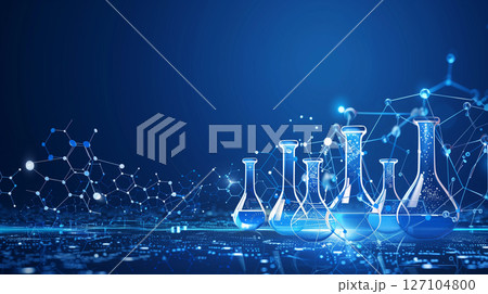 Abstract science background with molucules and chemical flasks 127104800