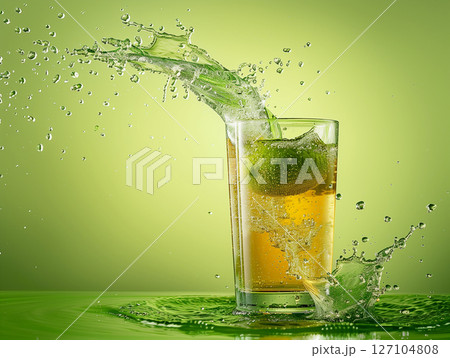 Glass of liquid with a lime in it splashing water Glass of liquid with a lime in it splashing water 127104808