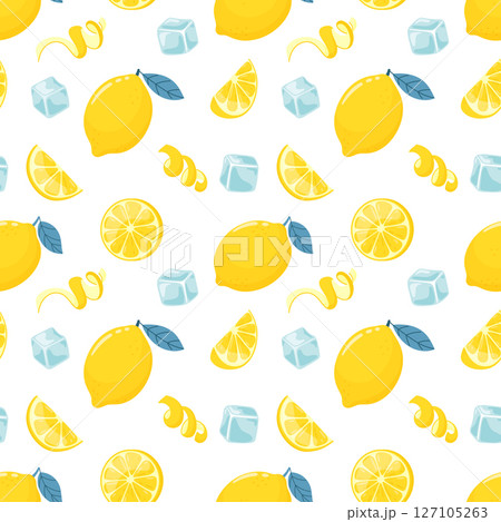 Lemons vector seamless pattern. Various lemons, ice and zest in flat style Lemons vector seamless pattern. Various lemons, ice and zest in flat style 127105263