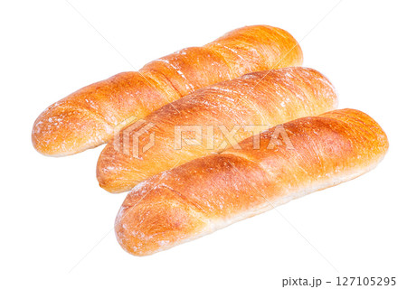Three baguettes isolate. Wheat bread on a white background. 127105295