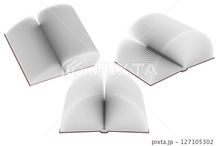Open book with blank white pages shown from three different perspectives. 3D rendering 127105302