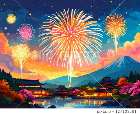 夜空に浮かぶ花火　イラスト 127105381