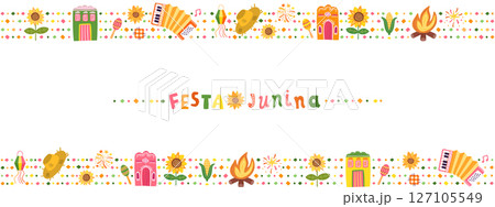 Festa Junina horizontal vector banner - Brazilian festival border, background with text and graphics - sunflower, straw hat, accordion, corn 127105549