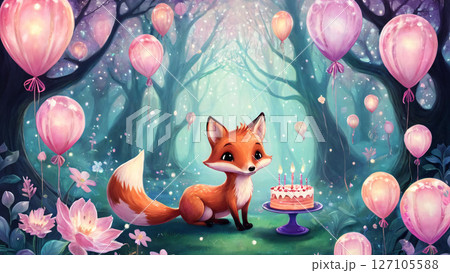 A fox sits by a birthday cake in a forest with balloons 127105588
