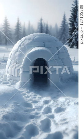 An igloo is prominently sitting right in the middle of a snowy field 127105589