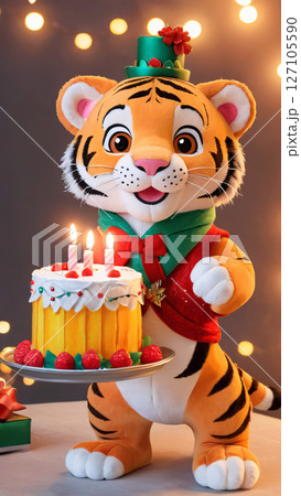 A lovely stuffed tiger is happily holding a birthday cake adorned with candles 127105590
