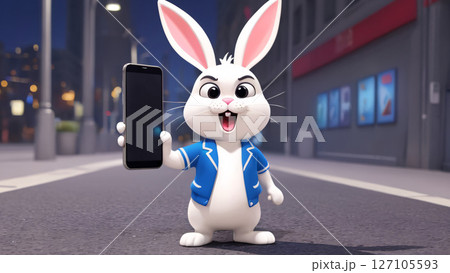 An animated rabbit character is joyfully holding a smartphone in a vibrant urban setting 127105593