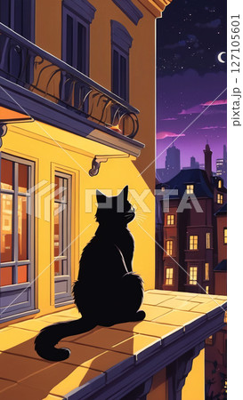 A sleek black cat sits elegantly on a balcony, overlooking a city 127105601