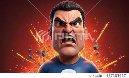 An extremely angry superhero character is dramatically facing intense explosive action scenes 127105657