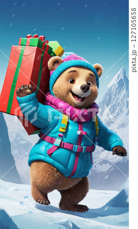 A Festive Bear joyfully presenting a Gift amidst a charming Winter Wonderland setting 127105658