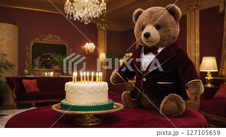 A tuxedoed teddy bear sits by a cake with candles 127105659