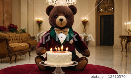 A tuxedo teddy bear is sitting next to a cake adorned with candles 127105704