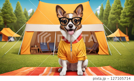 A Cool Dog is All Set for an Exciting Camping Trip While Wearing Sunglasses and a Hoodie A Cool Dog is All Set for an Exciting Camping Trip While Wearing Sunglasses and a Hoodie 127105714