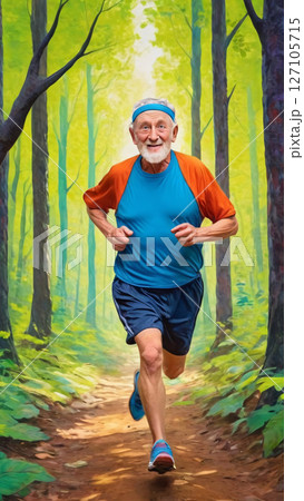 An elderly man runs through the forest.  127105715
