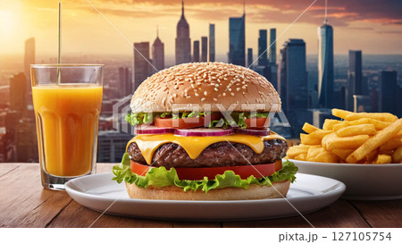 Savor a Delicious Burger with a Stunning Cityscape View and an Icy Refreshing Drink 127105754