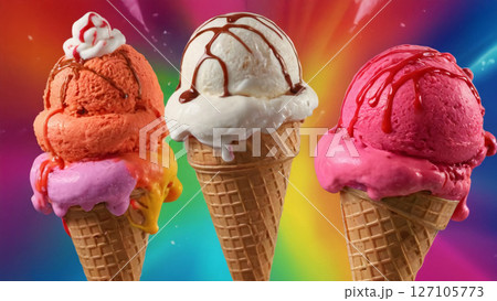 Enjoy the sight of Colorful Ice Cream Cones beautifully displayed against a Vibrant Background Enjoy the sight of Colorful Ice Cream Cones beautifully displayed against a Vibrant Background 127105773