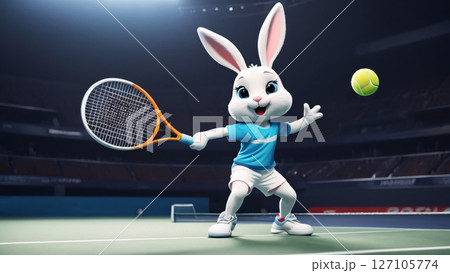 A cheerful and energetic cartoon bunny is seen joyfully playing tennis in an arena A cheerful and energetic cartoon bunny is seen joyfully playing tennis in an arena 127105774