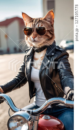 A cat in sunglasses and a leather jacket rides a motorcycle 127105778