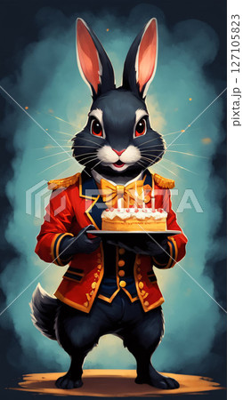 A rabbit in a red jacket is happily holding a birthday cake 127105823
