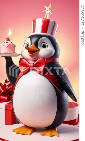 A penguin in a top hat and bow tie is joyfully holding a cake A penguin in a top hat and bow tie is joyfully holding a cake 127105837