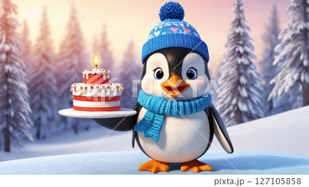 A delightful penguin dressed in a hat and scarf is holding a birthday cake 127105858