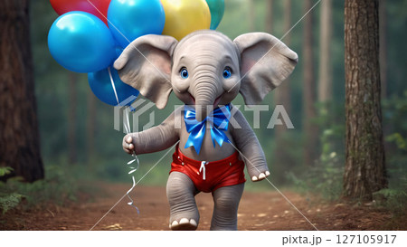 A stuffed elephant joyfully holds colorful balloons in the woods 127105917