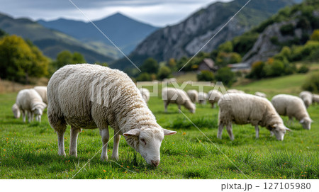 Sheep grazing in lush green mountain landscape on a cloudy day 127105980