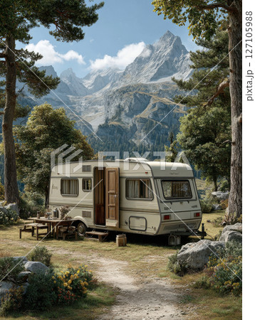 Cozy camper in beautiful mountain landscape amidst lush green forest and majestic peaks Cozy camper in beautiful mountain landscape amidst lush green forest and majestic peaks 127105988