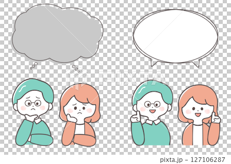 Illustration set of middle-aged men and women when they are worried and when they have solved their problems 127106287