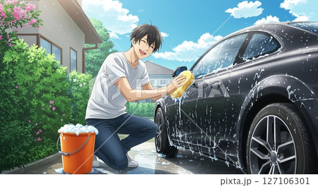 優しく丁寧に!愛車を洗う男性の癒やし時間 優しく丁寧に!愛車を洗う男性の癒やし時間 127106301