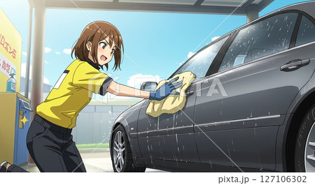 達成感の笑顔!愛車をピカピカにする女性 達成感の笑顔!愛車をピカピカにする女性 127106302