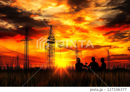 Architect Using Digital Tablet at Construction Site Under a Beautiful Sunset Sky 127106377