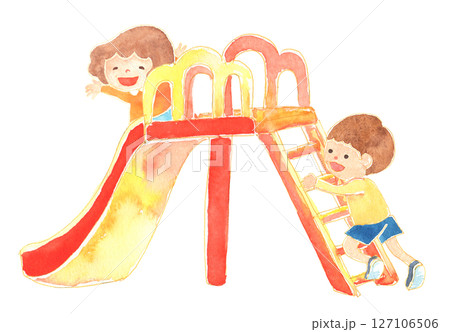 水彩風　滑り台で遊ぶ子どものイラスト 127106506