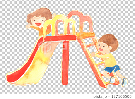 水彩風　滑り台で遊ぶ子どものイラスト 127106506
