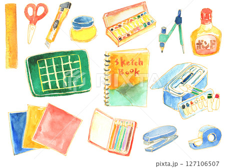 水彩風　子どものお絵かきや工作の用具いろいろ 127106507