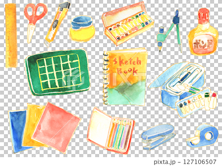 水彩風　子どものお絵かきや工作の用具いろいろ 127106507