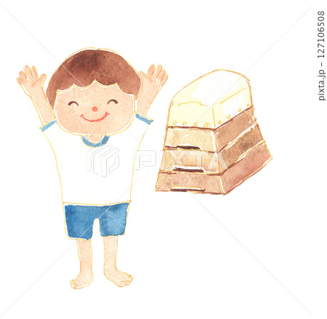 水彩風　跳び箱を飛ぶ男の子のイラスト　保育・知育素材 127106508