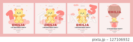 Invitation childrens birthday party cute bear and number set. Celebration First birthday. Greeting card template for children. Vector illustration. 127106932