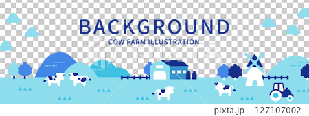 Blue ranch background illustration, simple horizontal design of cows and agricultural landscape 127107002