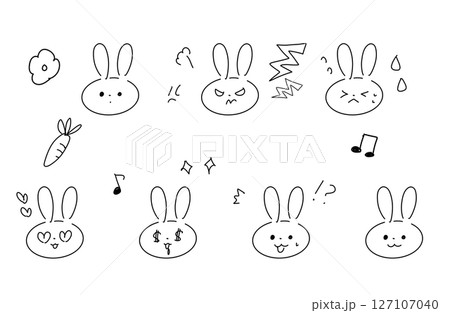手書きうさぎの表情アイコンセット（モノクロ／感情バリエーション付き） 127107040