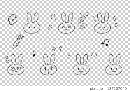 手書きうさぎの表情アイコンセット（モノクロ／感情バリエーション付き） 127107040