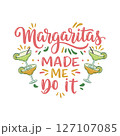 Margaritas Made Me Do It Humorous Hand-Lettered Quote with Cocktail Glasses and Splashes in Pink, Green, and Yellow 127107085