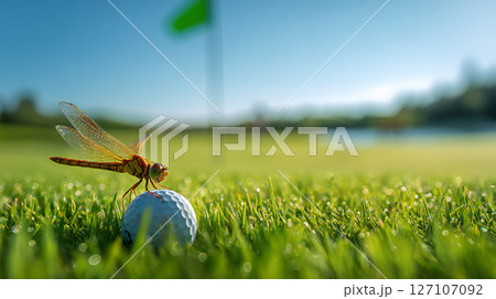 フェアウェイのゴルフボールの上でひと休みするトンボ フェアウェイのゴルフボールの上でひと休みするトンボ 127107092