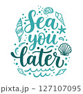 Sea You Later Hand-Lettered Summer Quote with Beach-Themed Illustrations of Seashells and Ocean Waves in Blue and Teal 127107095
