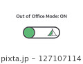 Out of Office Mode ON Digital Toggle Switch Icon with Green Circle and Camping Tent Symbol on Light Background 127107114