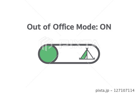 Out of Office Mode ON Digital Toggle Switch Icon with Green Circle and Camping Tent Symbol on Light Background 127107114