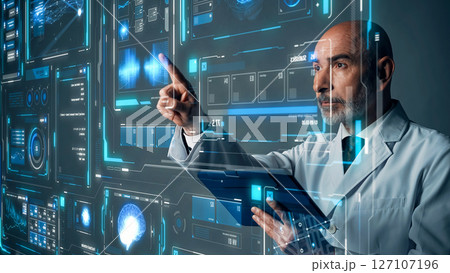 未来的なインターフェース画面を操作する白衣を着た外国人男性のコンセプトビジュアル 127107196